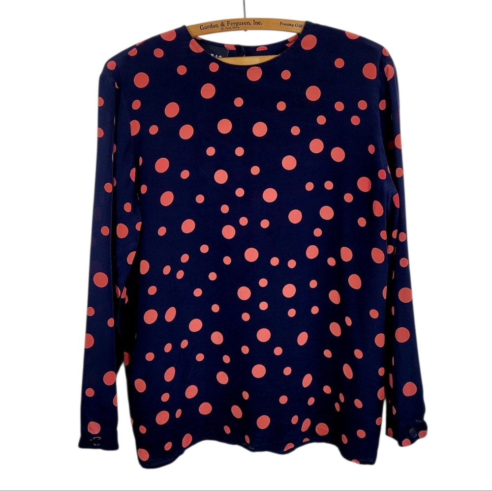 AKRIS Luxury Silk Crepe De Chine Button Back Navy Red Polka Dot Blouse Top 6 - Picture 1 of 12
